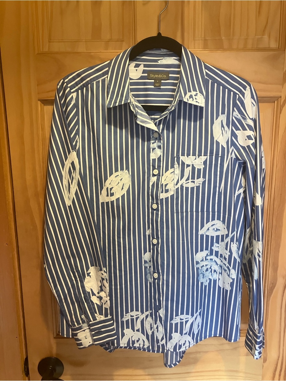 Style & Co. Blue Striped Button-Down Shirt with White Floral Print